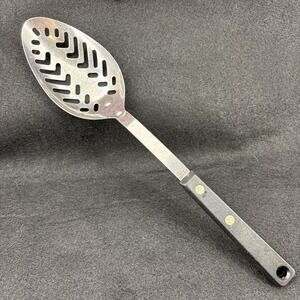 EKCO Forge Stainless Serving Multi Slotted Spoon Black Handle 11.5" Vintage EUC